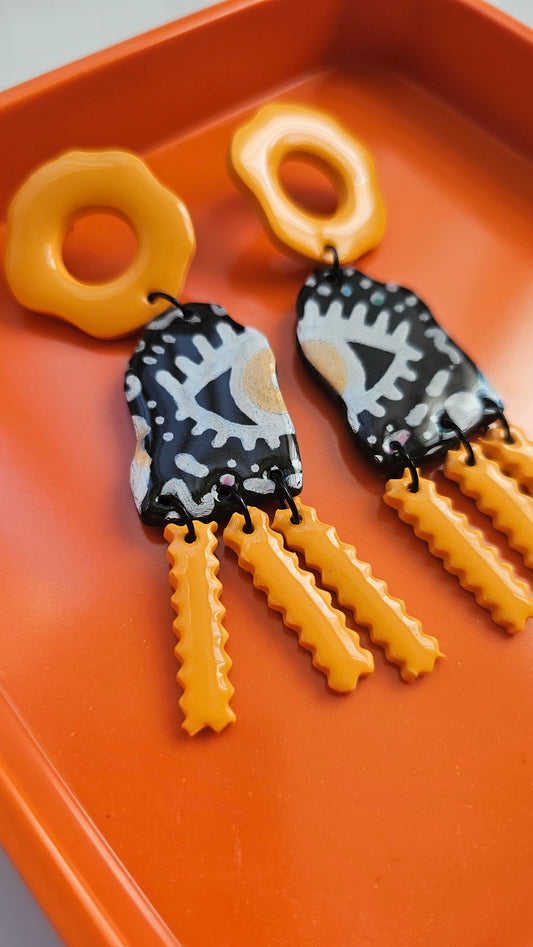 Hand Painted Polymer Clay Earrings - Eye Doodle Chandelier Earrings