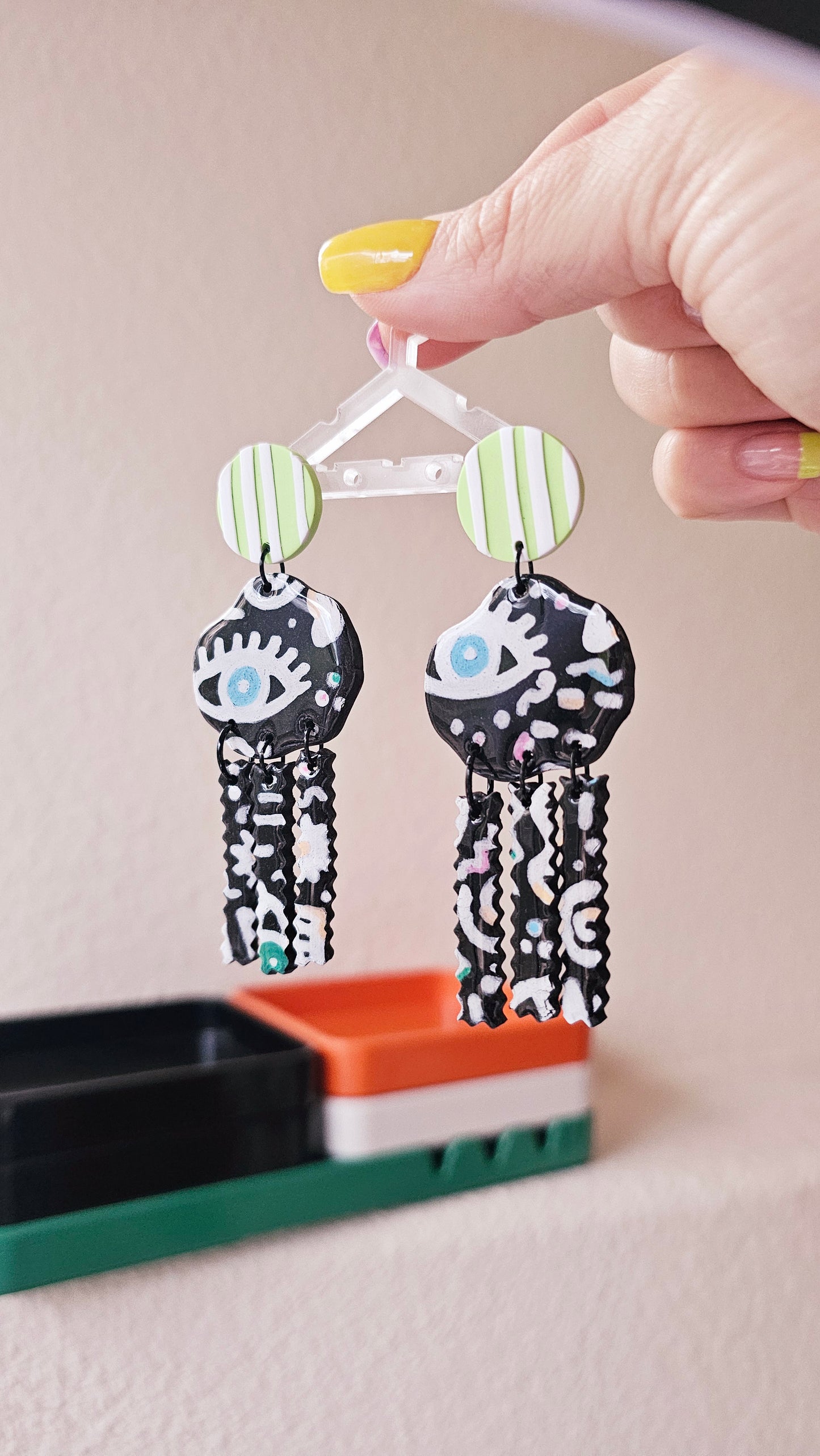 Hand-Painted Eye Doodle Earrings - Black & White Fringe Statement Earrings