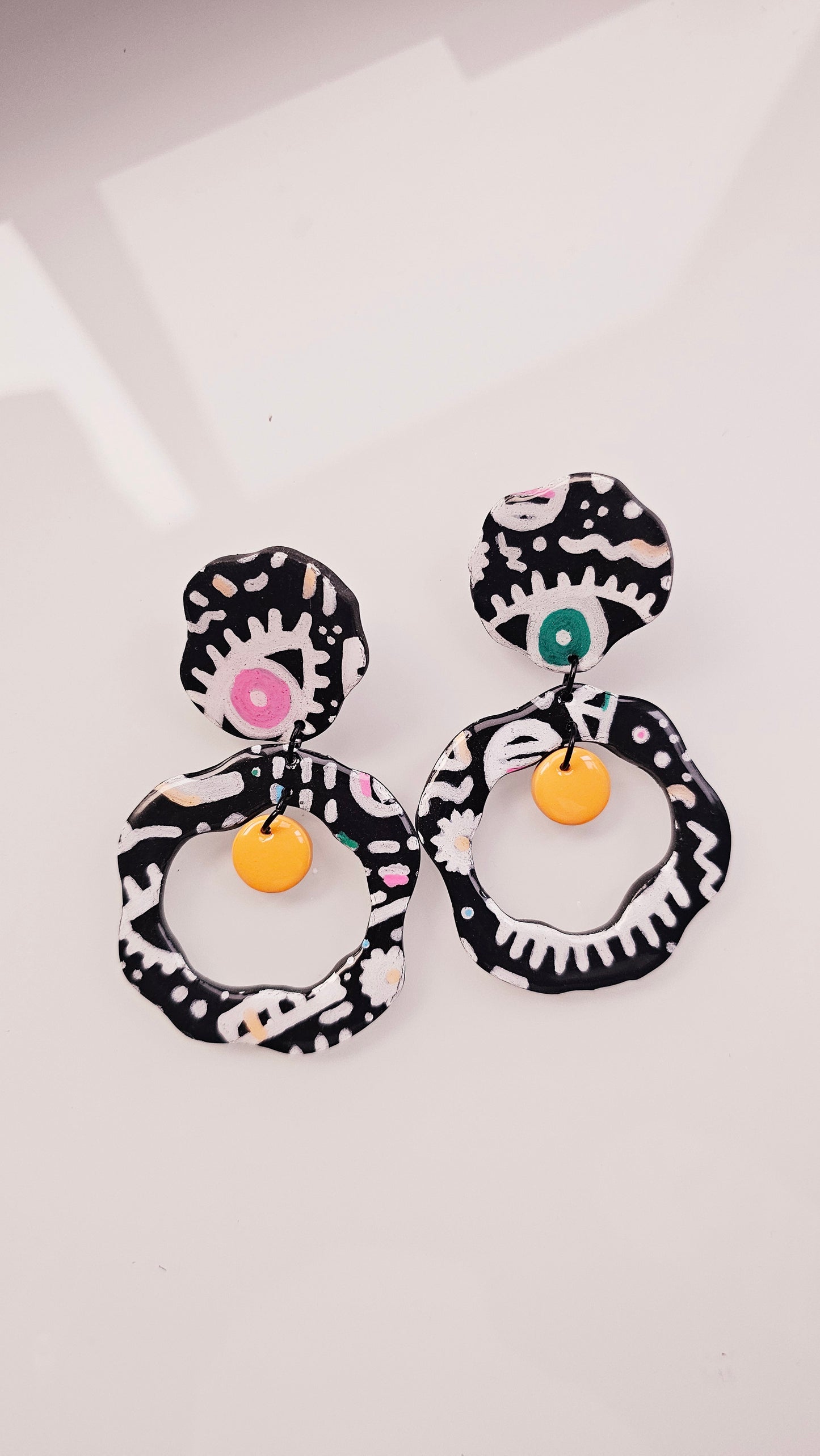 Hand Painted Eye Doodle Hoop Earrings - Black & White Statement Earrings