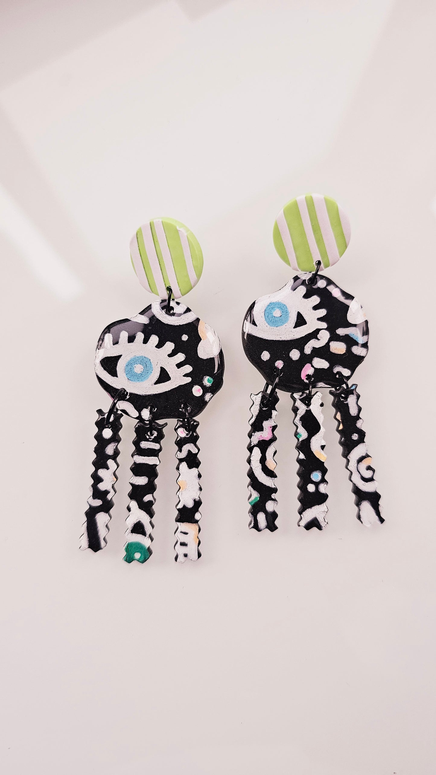 Hand-Painted Eye Doodle Earrings - Black & White Fringe Statement Earrings