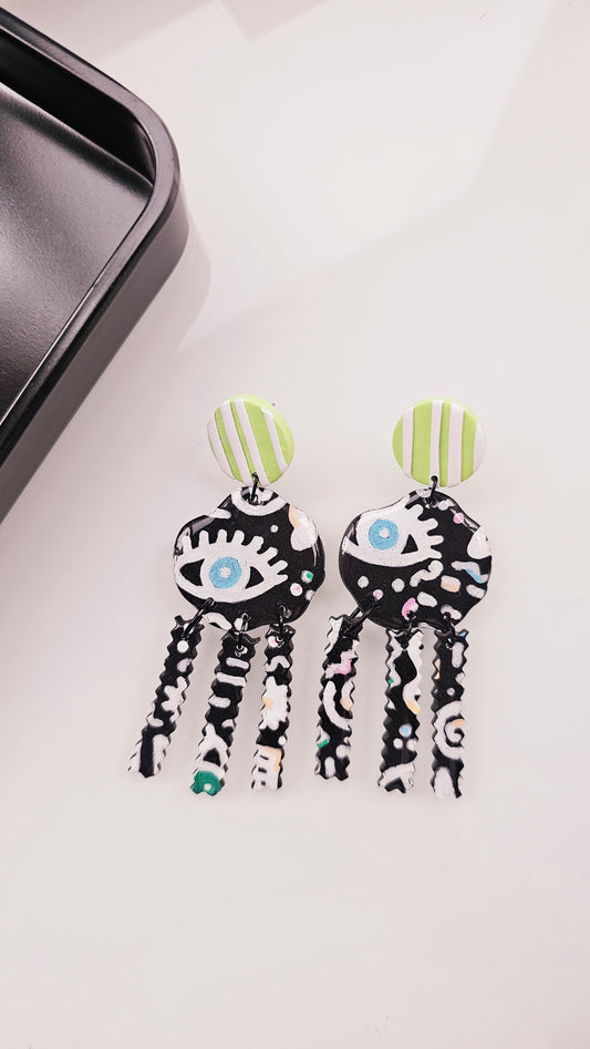 Hand-Painted Eye Doodle Earrings - Black & White Fringe Statement Earrings