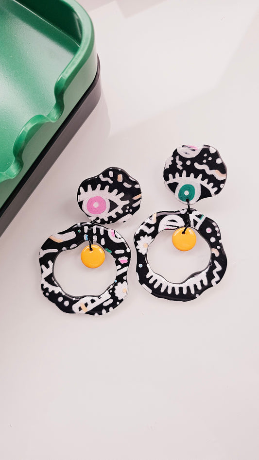 Hand Painted Eye Doodle Hoop Earrings - Black & White Statement Earrings