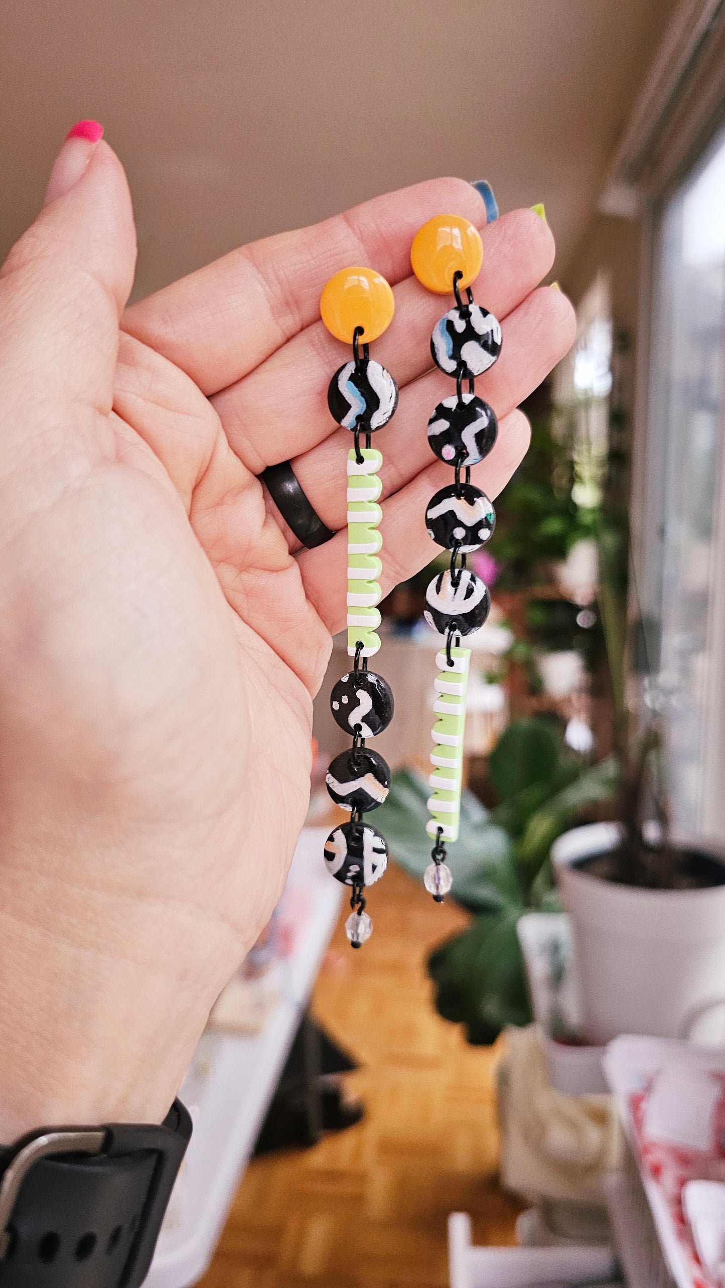 Hand-Painted Eye Doodle Earrings - Mismatched Long Dangles