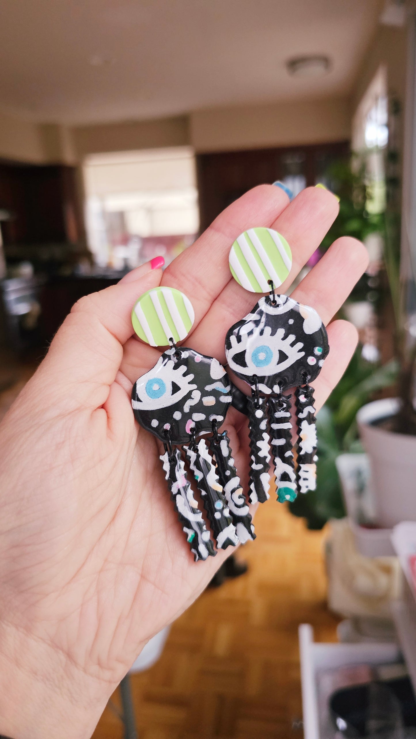 Hand-Painted Eye Doodle Earrings - Black & White Fringe Statement Earrings