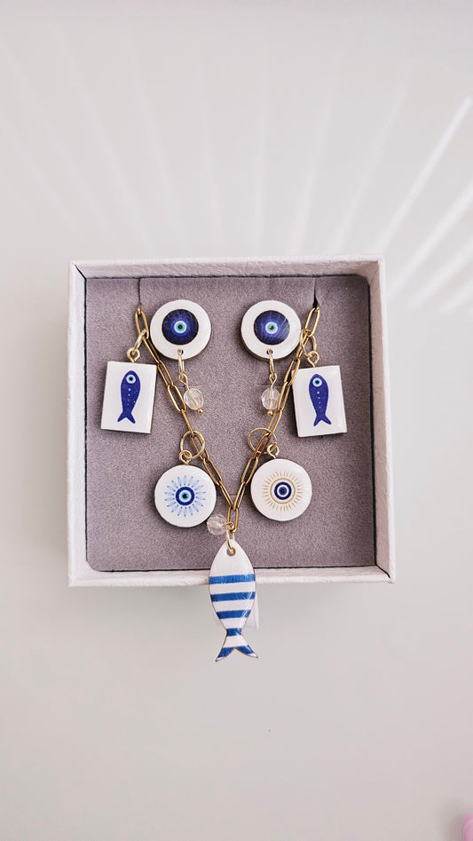 Blue Talisman Gift Box – Evil Eye & Fish Clay Jewelry Set