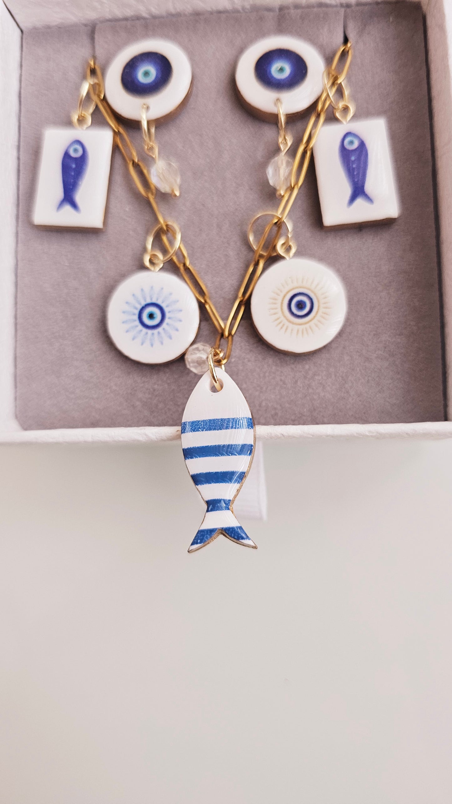 Blue Talisman Gift Box – Evil Eye & Fish Clay Jewelry Set