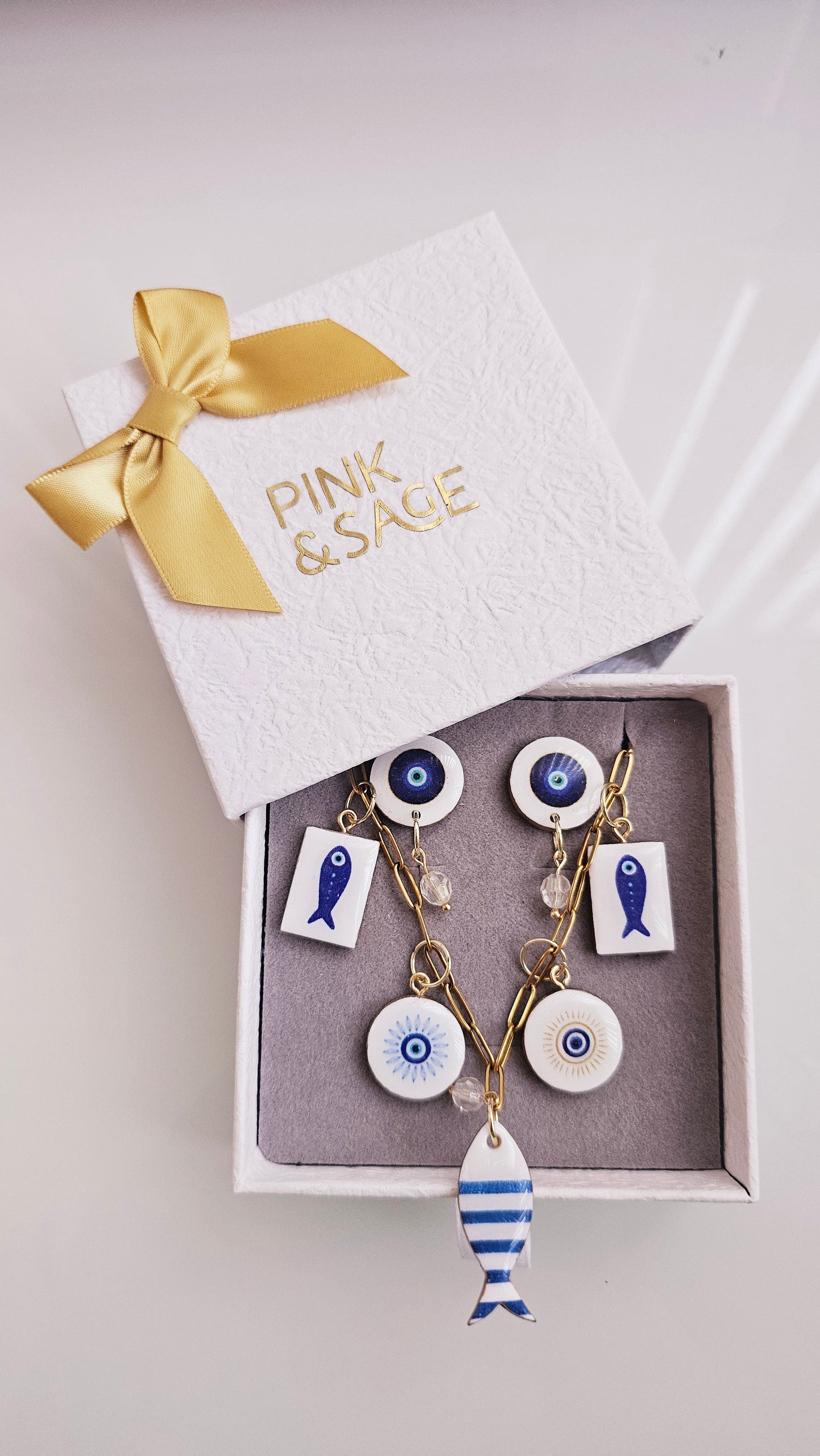 Blue Talisman Gift Box – Evil Eye & Fish Clay Jewelry Set