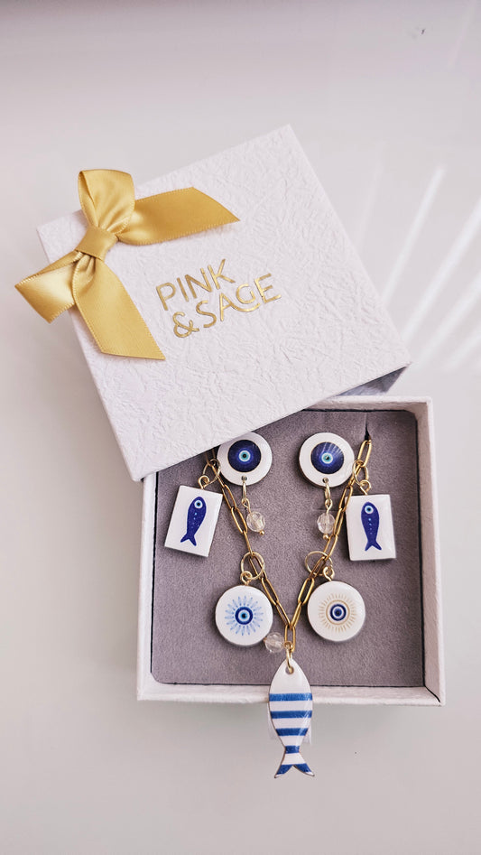 Blue Talisman Gift Box – Evil Eye & Fish Clay Jewelry Set