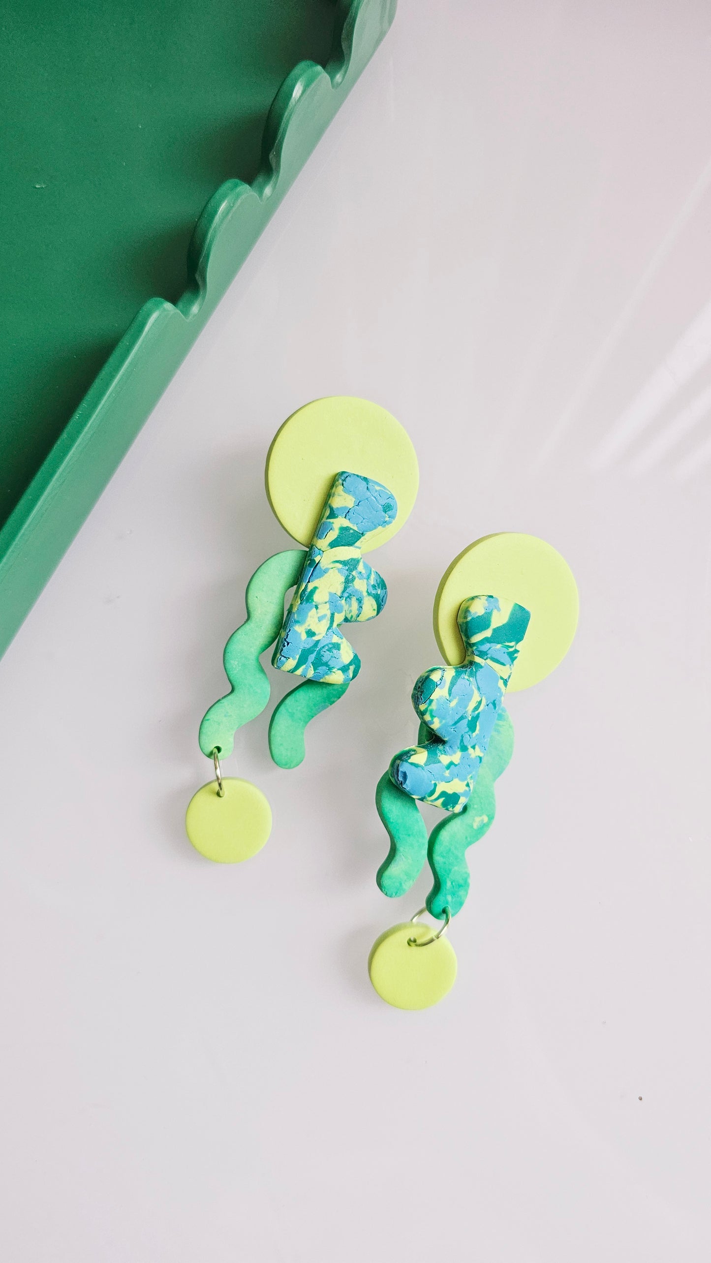Abstract Block Earrings - Marbled Turquoise & Lime Statement Studs