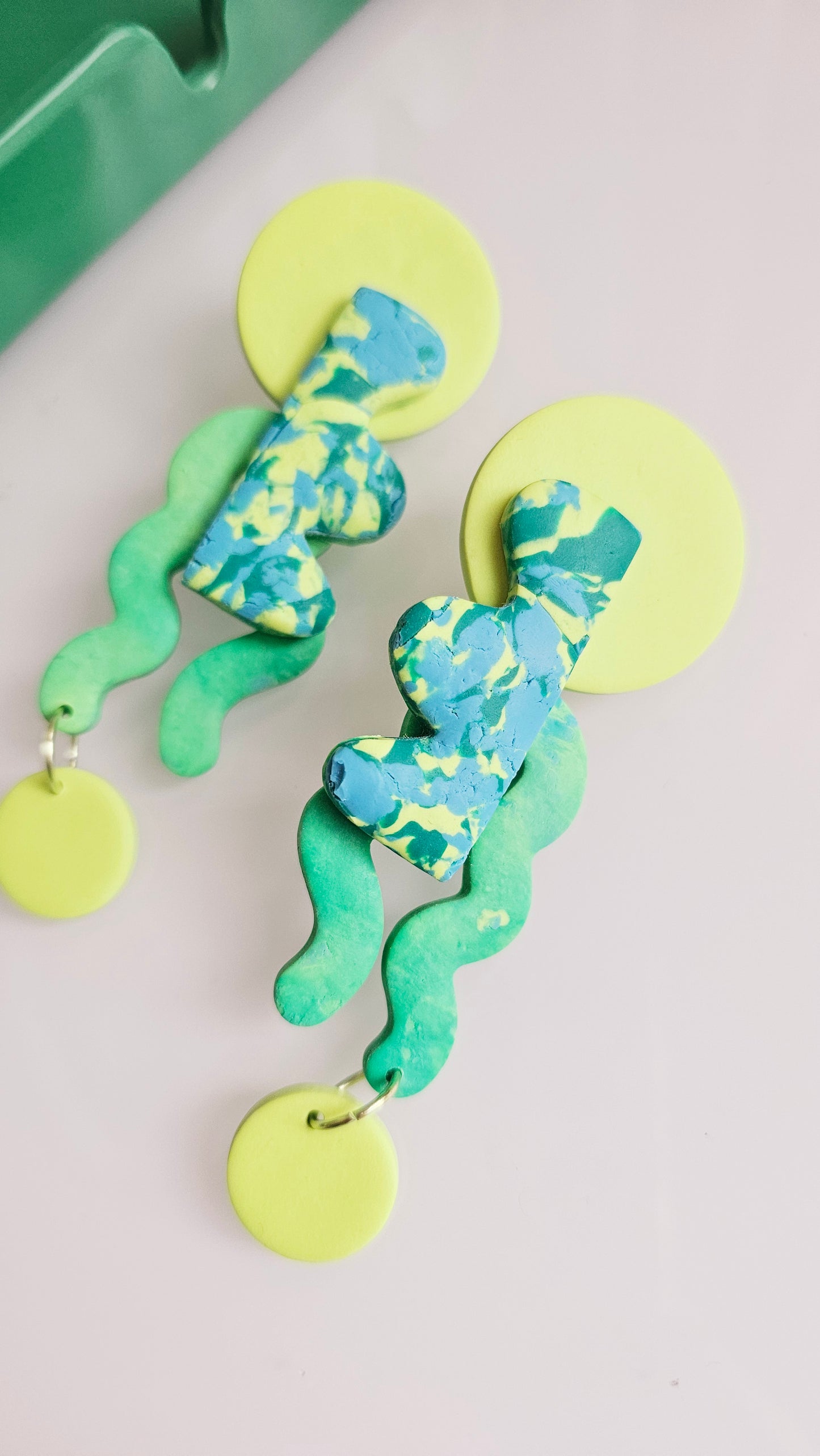 Abstract Block Earrings - Marbled Turquoise & Lime Statement Studs