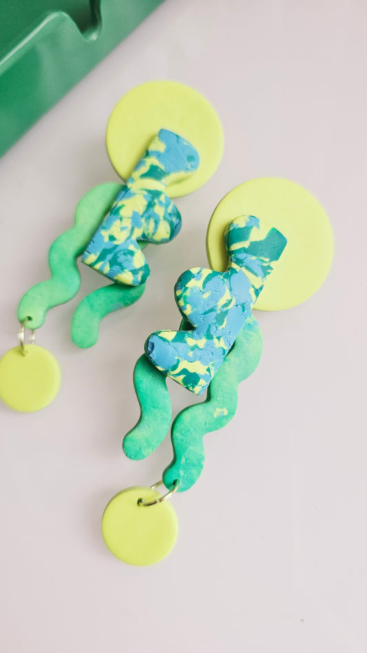 Abstract Block Earrings - Marbled Turquoise & Lime Statement Studs