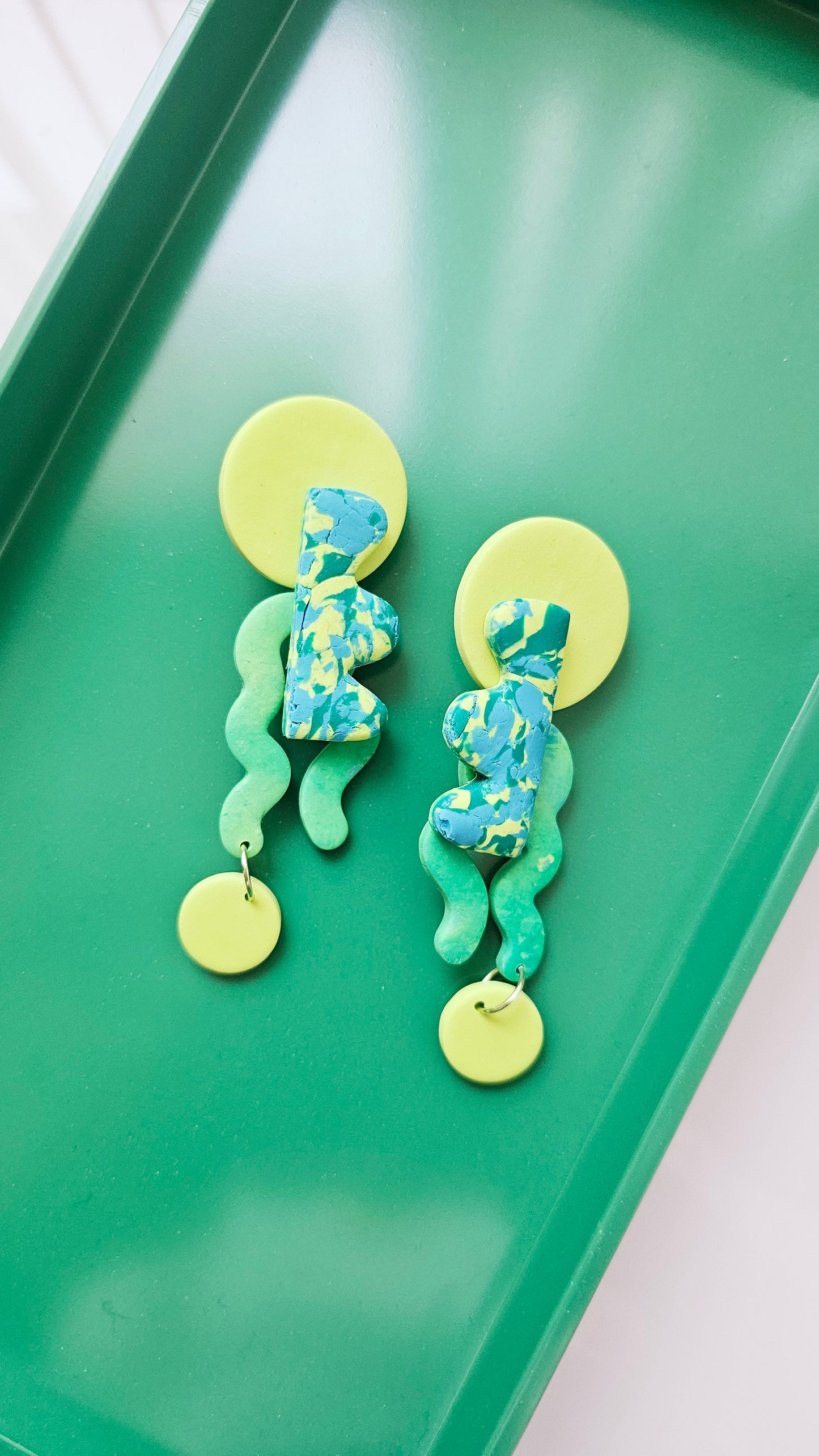 Abstract Block Earrings - Marbled Turquoise & Lime Statement Studs