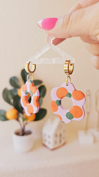 Citrus Bloom: Flower Dangle Earrings with Orange Pattern for Creative Woman, Handmade Gifts for Flower and Orange Lovers