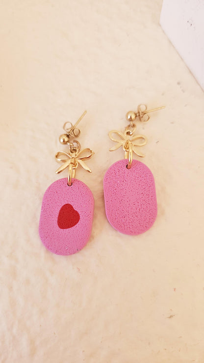 Handmade Clay Earrings with Mini Hearts and Bow, Lightweight Polymer Clay Earrings, Gift for Wife, Best Friend or Sister
