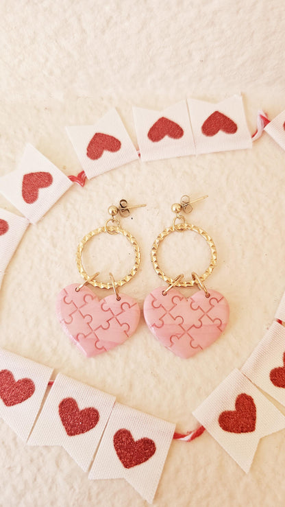 Heart Puzzle Handmade Clay Earrings, Lightweight Polymer Clay, Gift for Wife, Best Friend or Sister