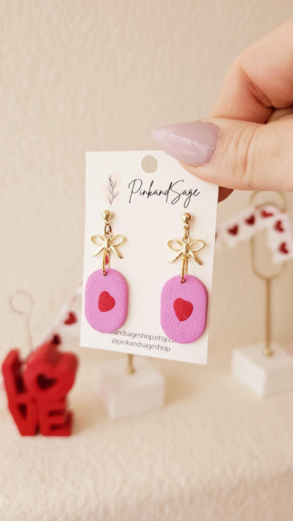 Handmade Clay Earrings with Mini Hearts and Bow, Lightweight Polymer Clay Earrings, Gift for Wife, Best Friend or Sister