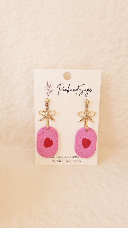 Handmade Clay Earrings with Mini Hearts and Bow, Lightweight Polymer Clay Earrings, Gift for Wife, Best Friend or Sister