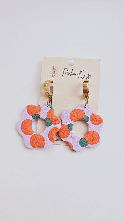 Citrus Bloom: Flower Dangle Earrings with Orange Pattern for Creative Woman, Handmade Gifts for Flower and Orange Lovers
