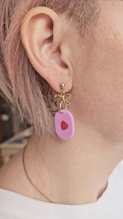 Handmade Clay Earrings with Mini Hearts and Bow, Lightweight Polymer Clay Earrings, Gift for Wife, Best Friend or Sister