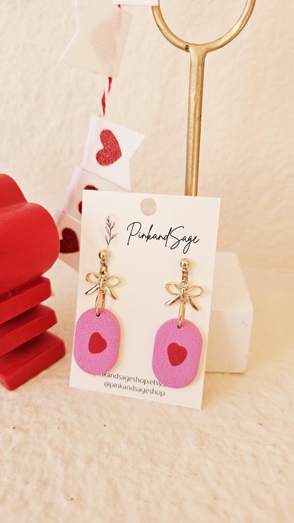 Handmade Clay Earrings with Mini Hearts and Bow, Lightweight Polymer Clay Earrings, Gift for Wife, Best Friend or Sister
