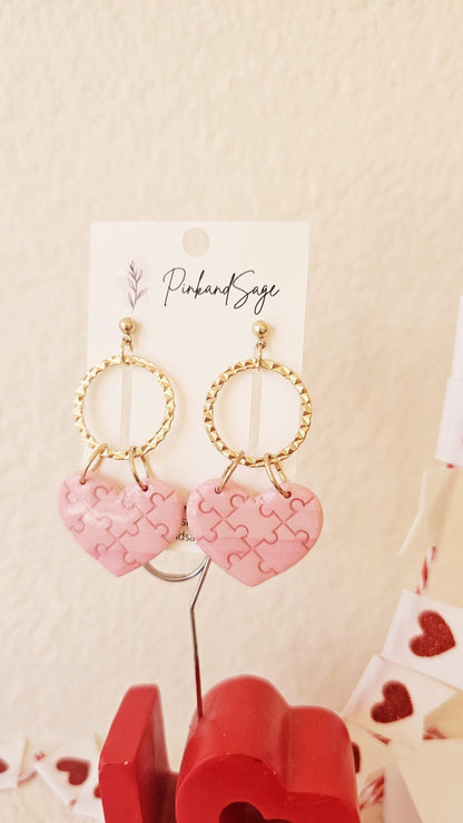 Heart Puzzle Handmade Clay Earrings, Lightweight Polymer Clay, Gift for Wife, Best Friend or Sister