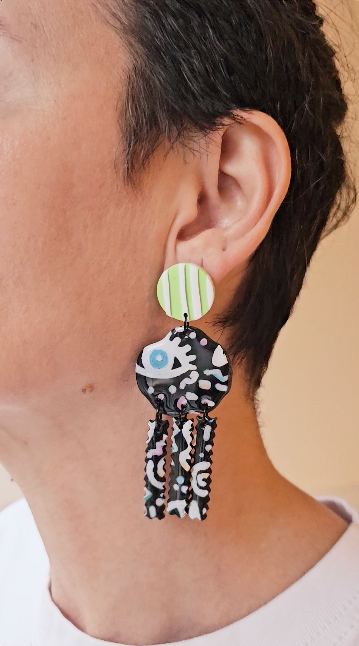 Hand-Painted Eye Doodle Earrings - Black & White Fringe Statement Earrings