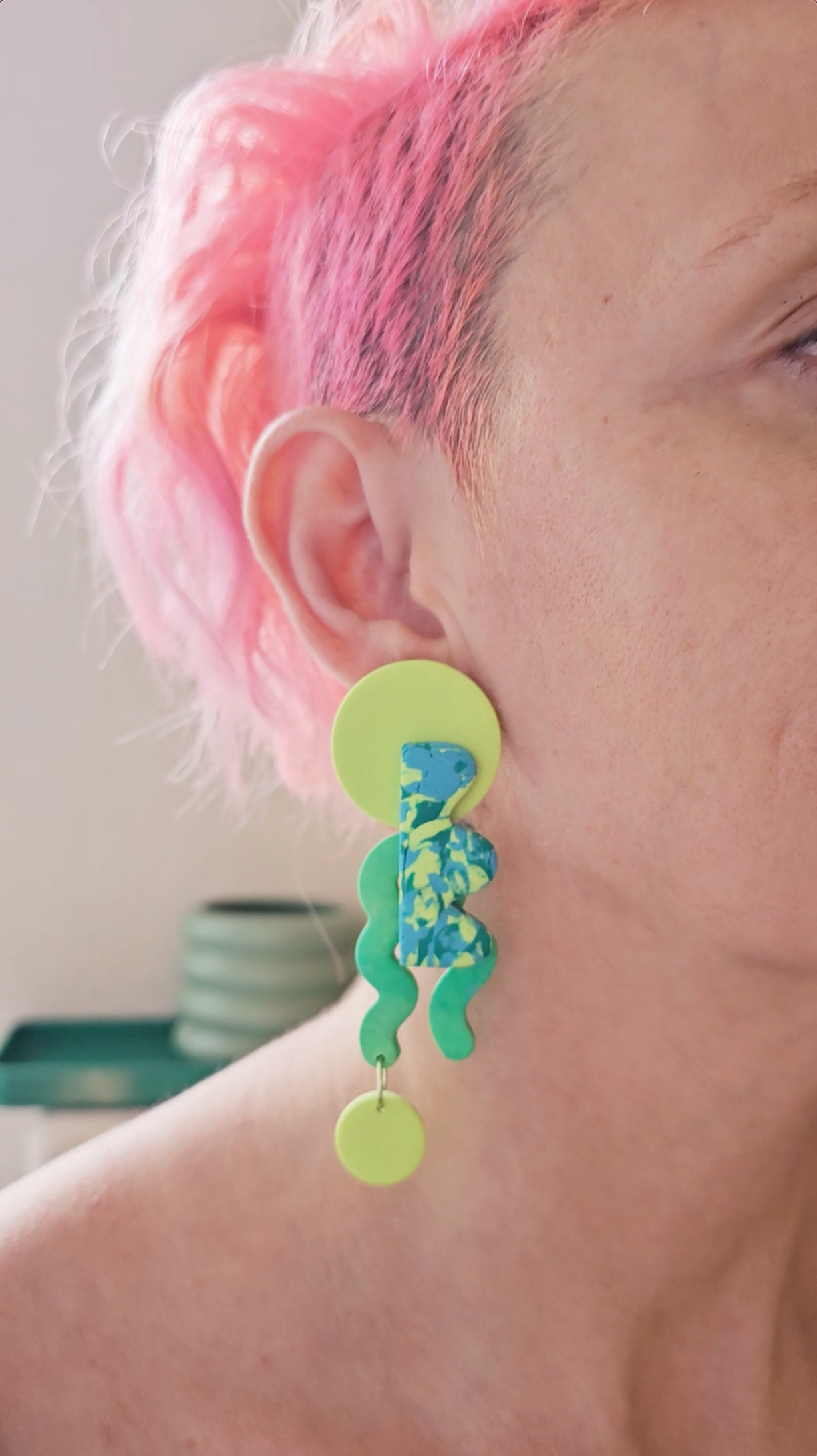 Abstract Block Earrings - Marbled Turquoise & Lime Statement Studs