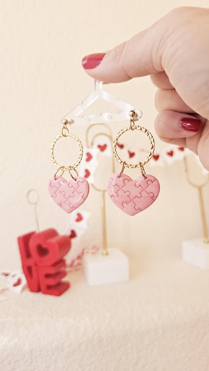 Heart Puzzle Handmade Clay Earrings, Lightweight Polymer Clay, Gift for Wife, Best Friend or Sister