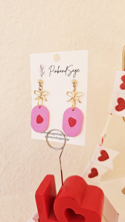 Handmade Clay Earrings with Mini Hearts and Bow, Lightweight Polymer Clay Earrings, Gift for Wife, Best Friend or Sister
