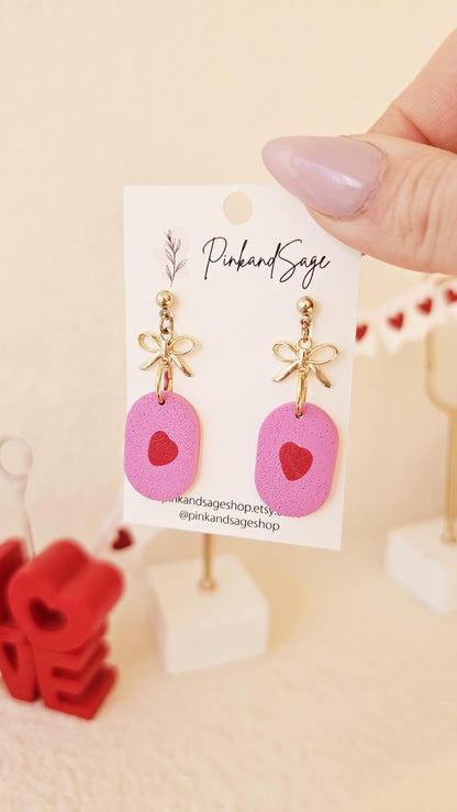 Handmade Clay Earrings with Mini Hearts and Bow, Lightweight Polymer Clay Earrings, Gift for Wife, Best Friend or Sister