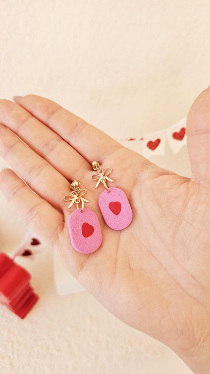 Handmade Clay Earrings with Mini Hearts and Bow, Lightweight Polymer Clay Earrings, Gift for Wife, Best Friend or Sister