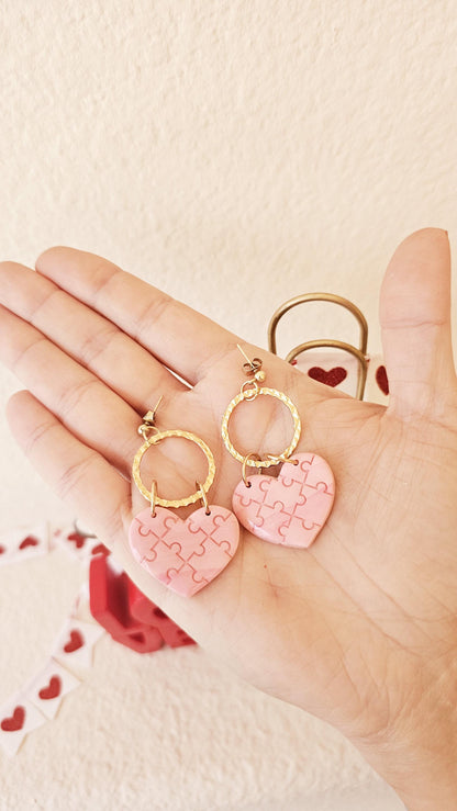 Heart Puzzle Handmade Clay Earrings, Lightweight Polymer Clay, Gift for Wife, Best Friend or Sister