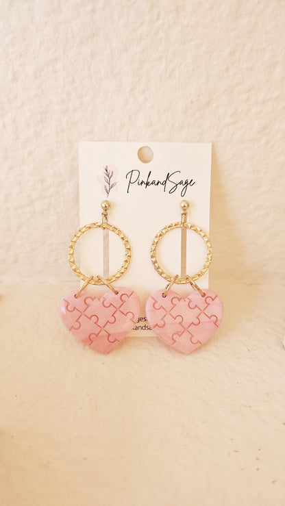 Heart Puzzle Handmade Clay Earrings, Lightweight Polymer Clay, Gift for Wife, Best Friend or Sister