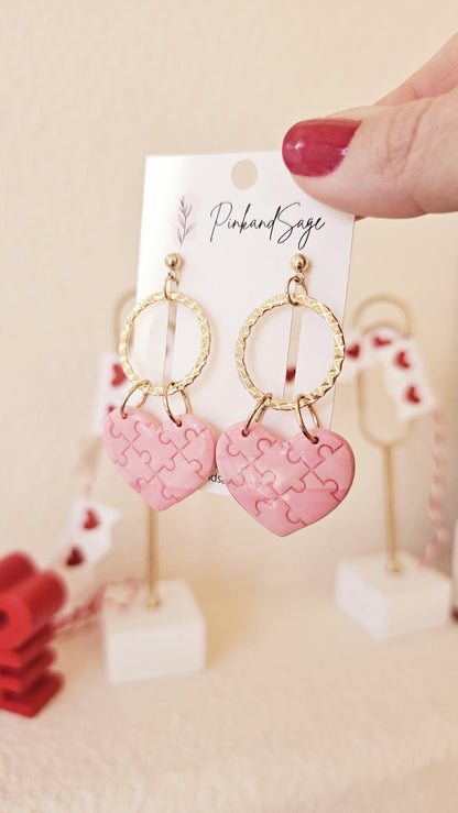 Heart Puzzle Handmade Clay Earrings, Lightweight Polymer Clay, Gift for Wife, Best Friend or Sister