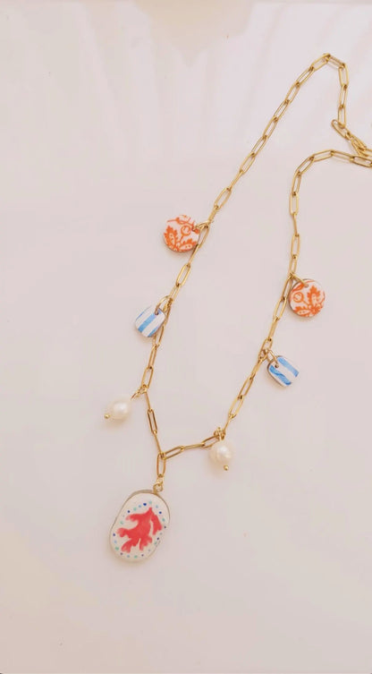Coral Reef Charm Necklace – Polymer Clay Jewelry with Pearls – Coastal Pendant – Nautical Jewelry – Handmade Gift for Beach Lovers