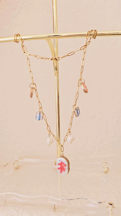 Coral Reef Charm Necklace – Polymer Clay Jewelry with Pearls – Coastal Pendant – Nautical Jewelry – Handmade Gift for Beach Lovers