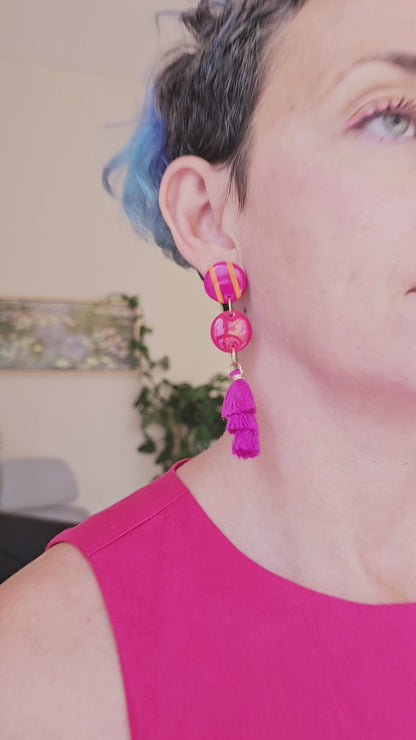 Vibrant Pink Tiered Tassel Earrings - Playful Polymer Clay Statement Dangles