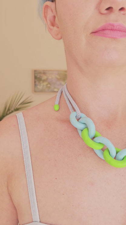Lime & Sky Chunky Polymer Clay Chain Necklace with Cotton Cord